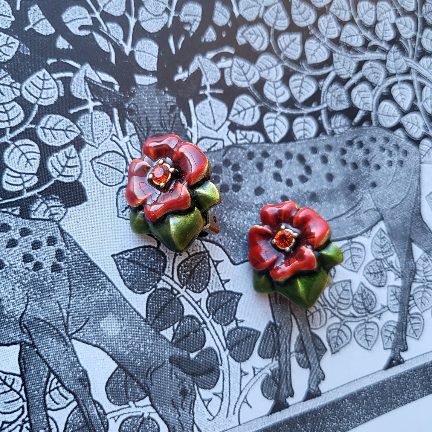 Clip on - Chico's Red and Green Enamel Flower Clip On Earrings