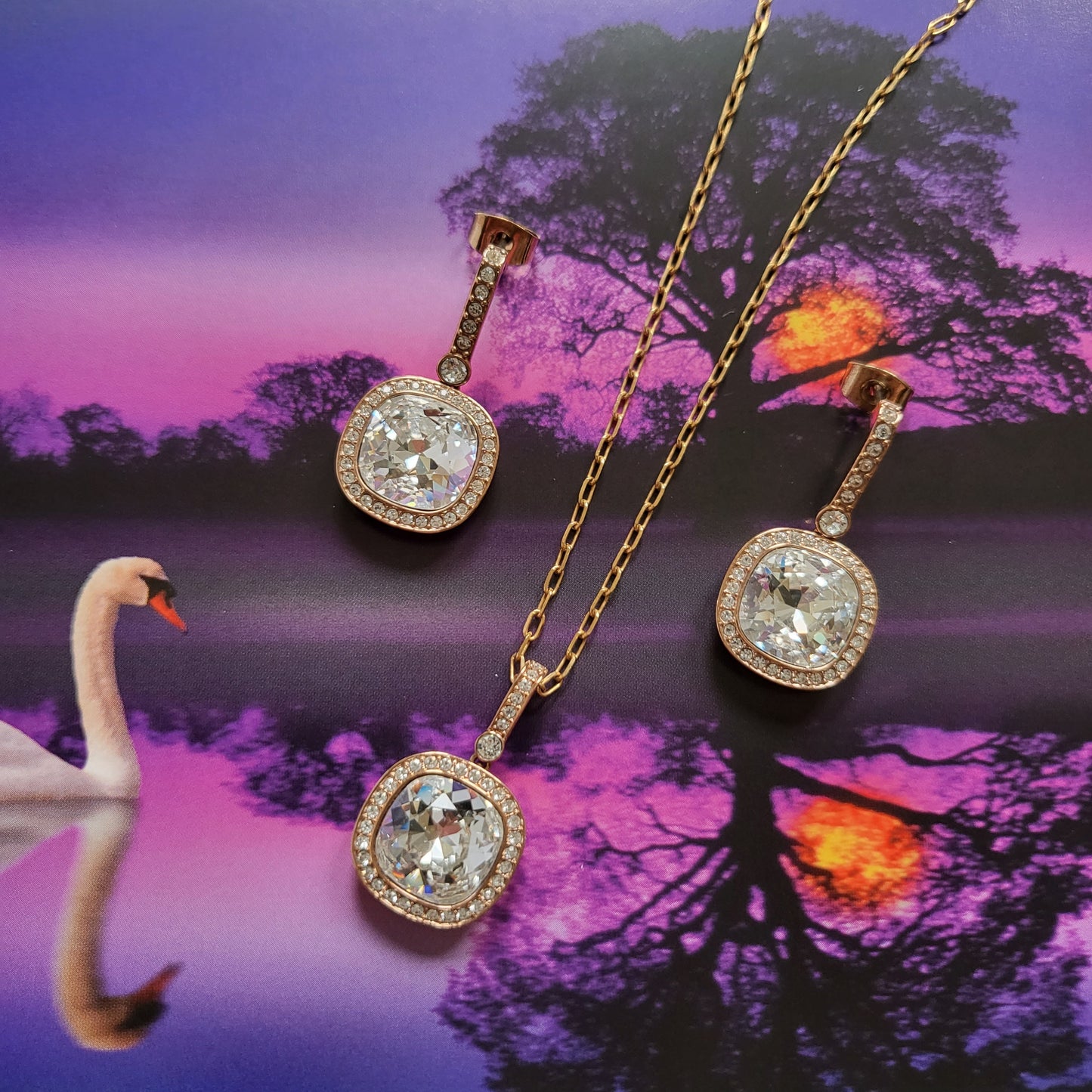 Necklace - Swarovski Rose Gold Cushion Cut Crystal Pendant Necklace