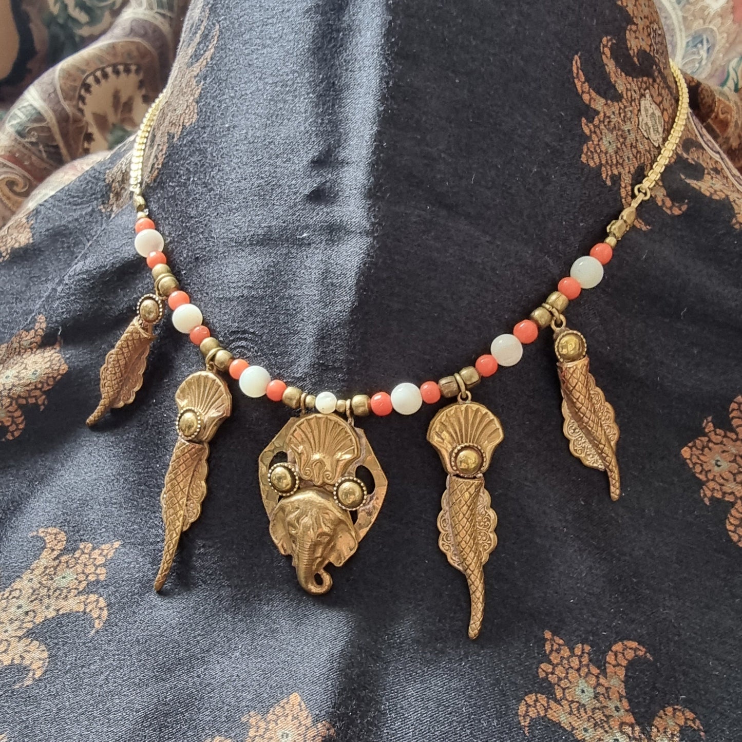 Necklace - Elephant and Shells Coral and Pearl Glass Beads Necklace