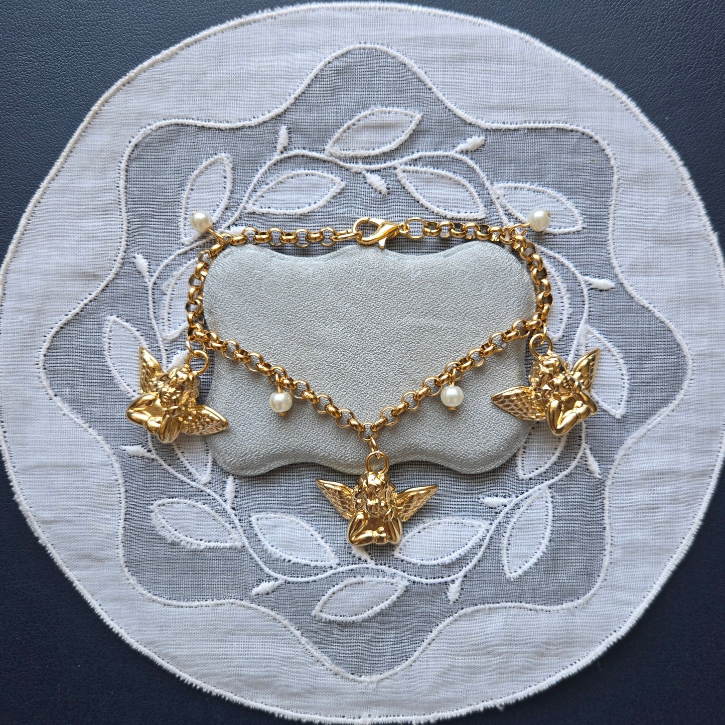 Bracelet - Gold Cherub and Pearl Charm Bracelet