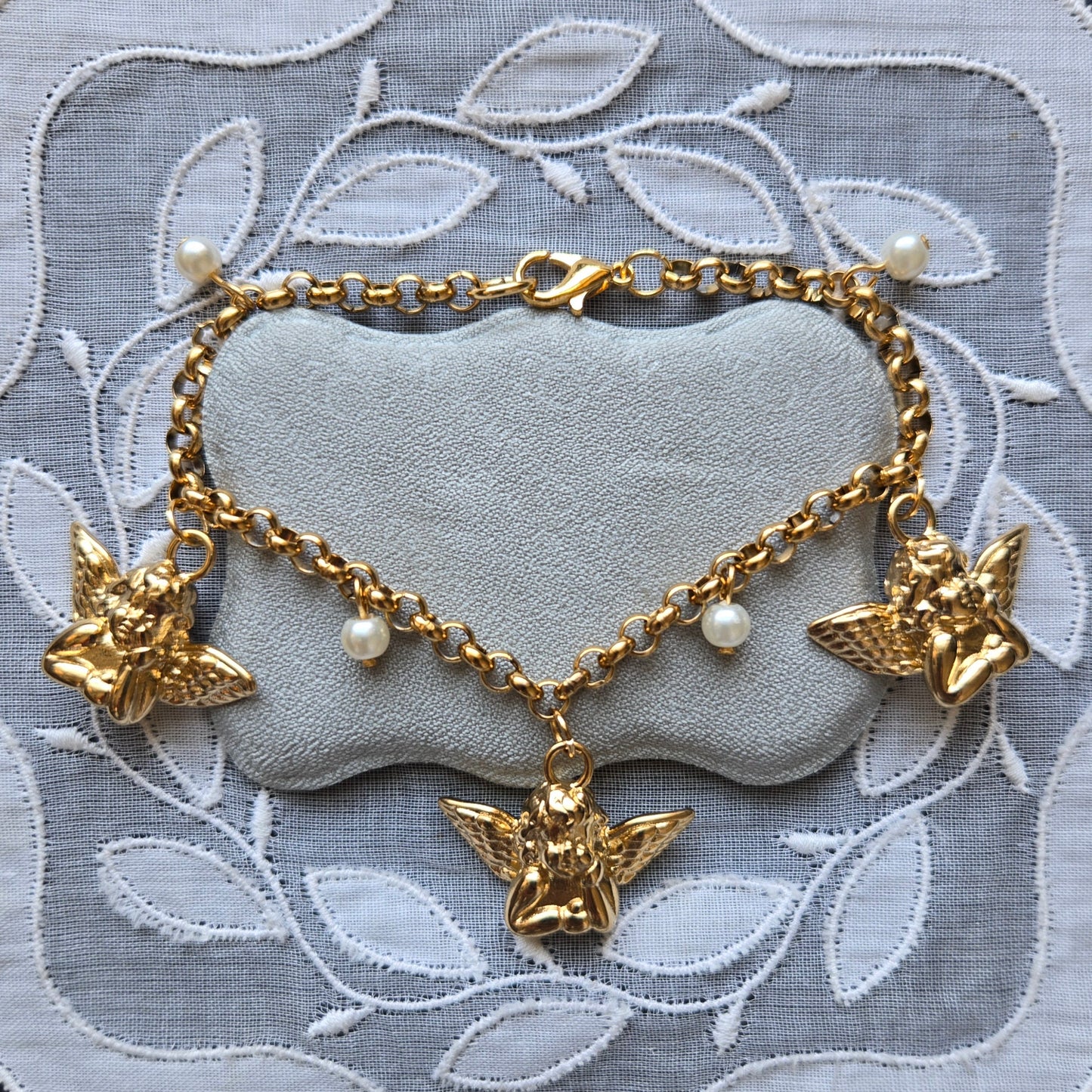 Bracelet - Gold Cherub and Pearl Charm Bracelet