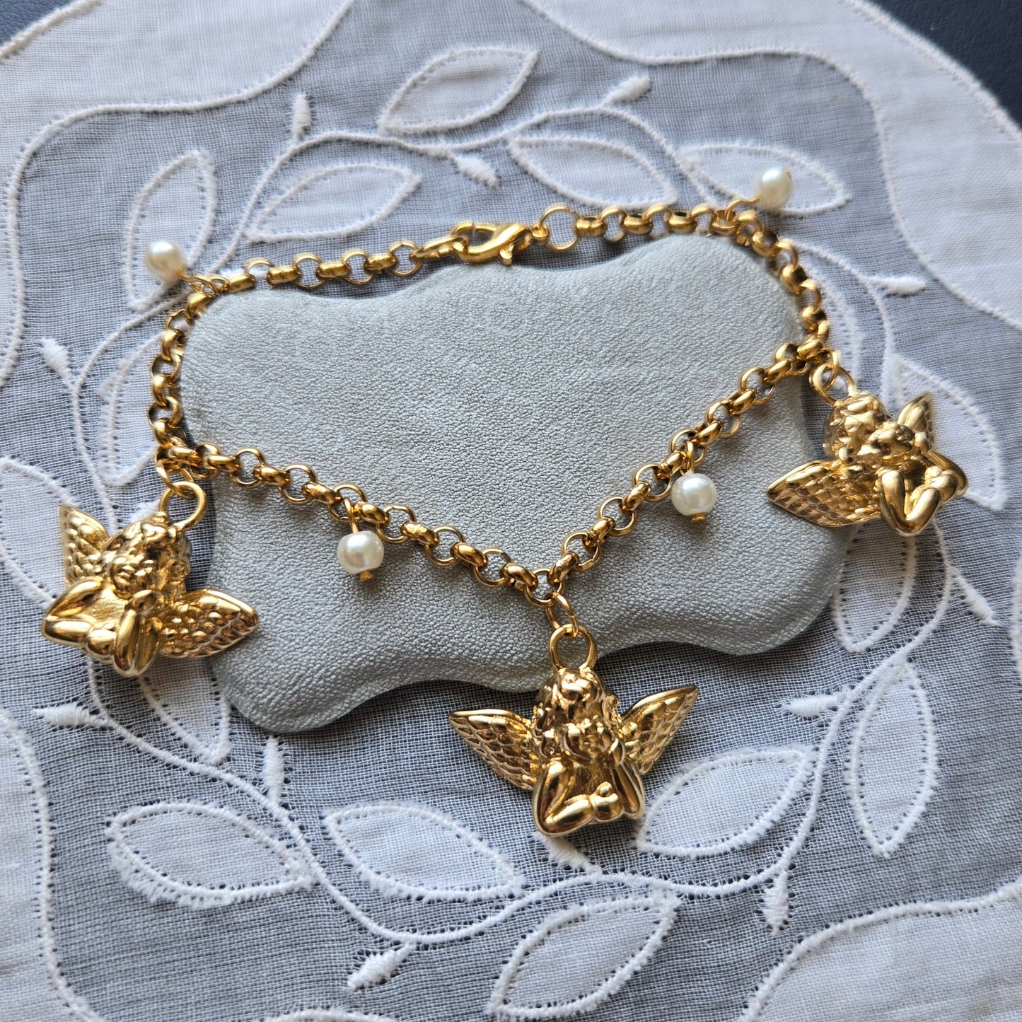 Bracelet - Gold Cherub and Pearl Charm Bracelet