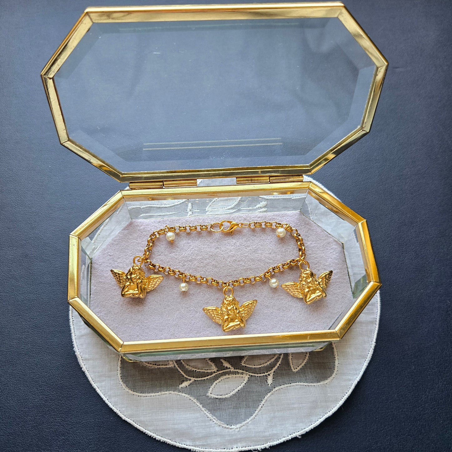 Bracelet - Gold Cherub and Pearl Charm Bracelet