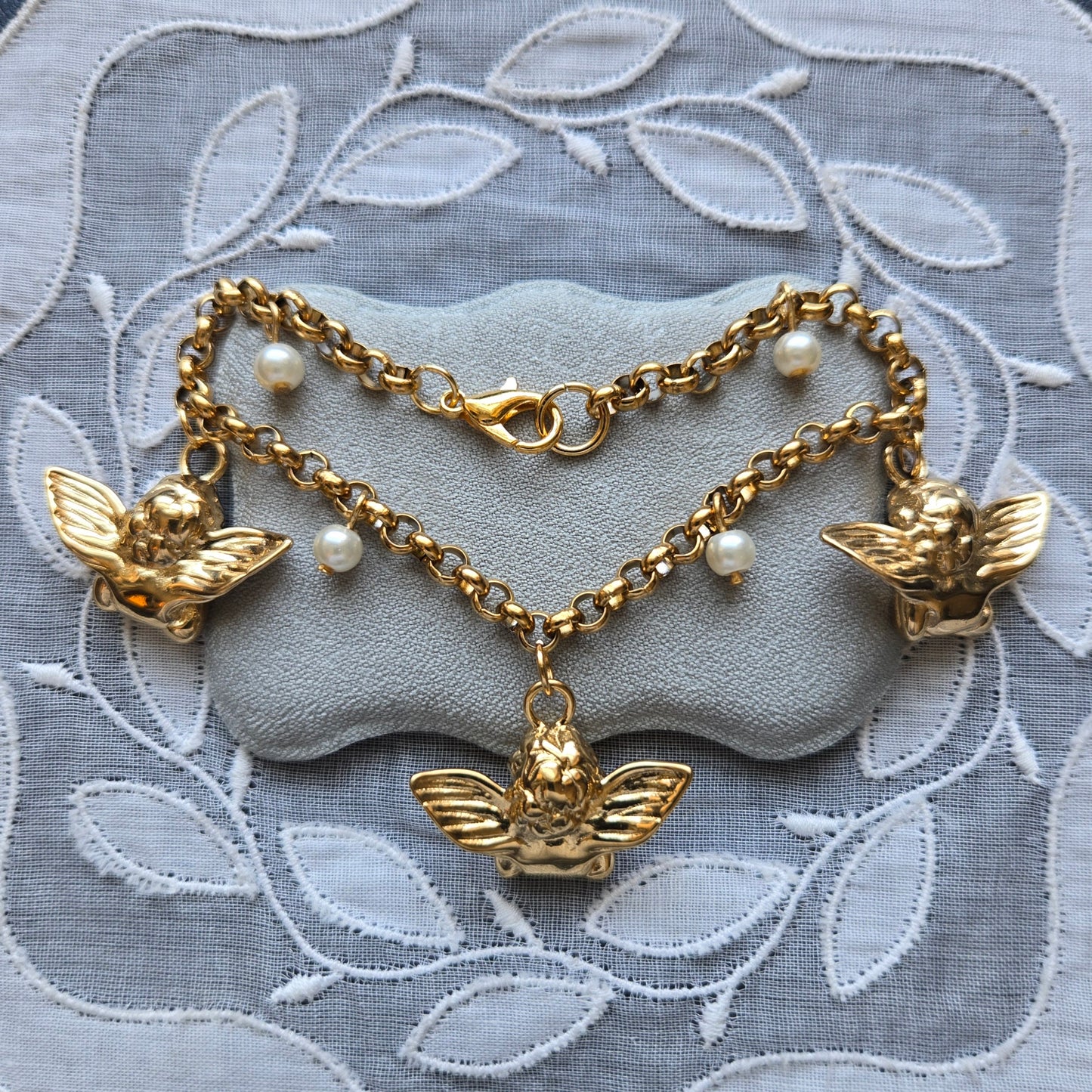 Bracelet - Gold Cherub and Pearl Charm Bracelet