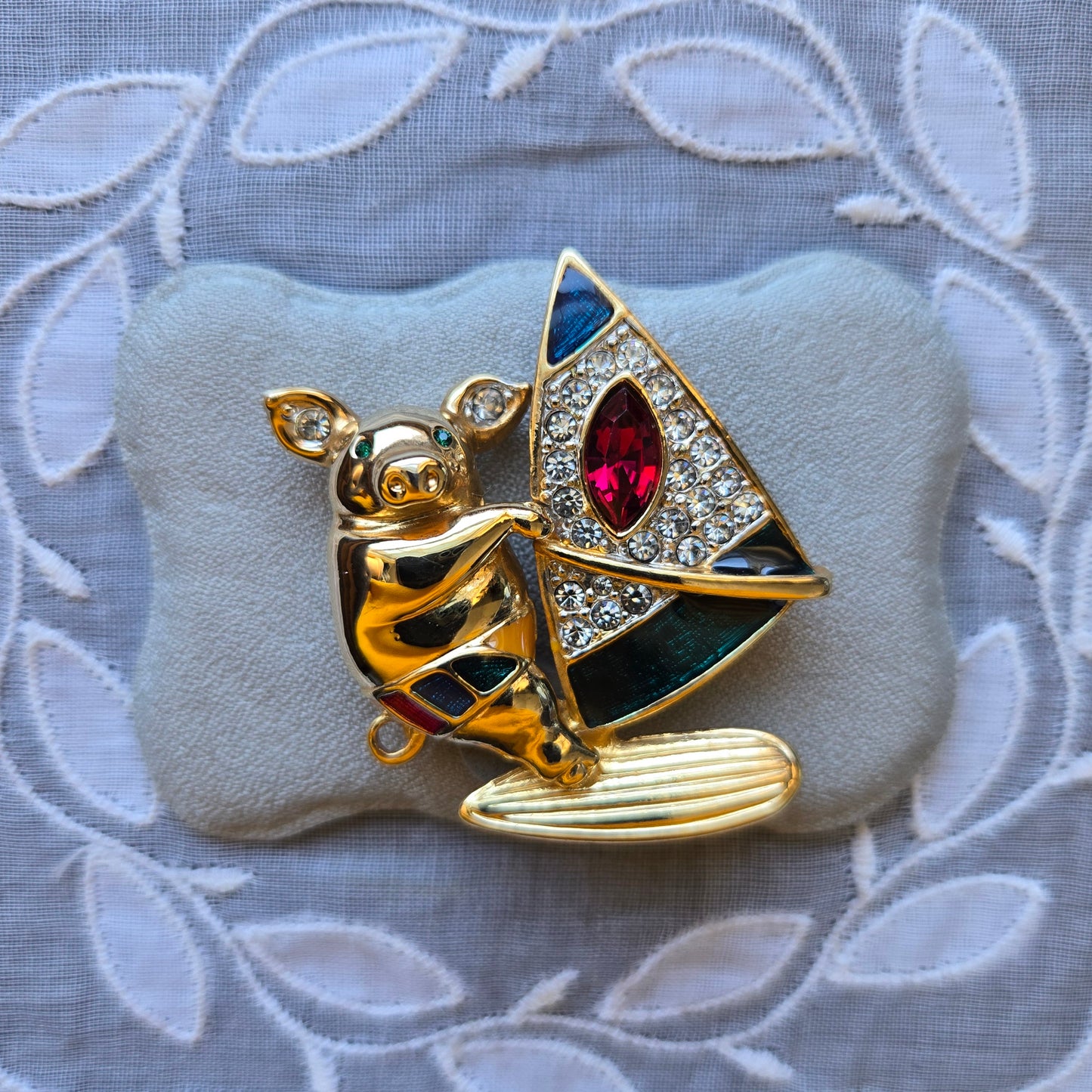 Brooch - Multicolour Enamel and Crystals Surfing Pig Brooch