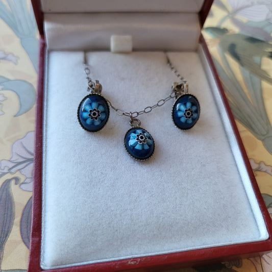 Set - Sterling Silver Murano Glass Blue Flower Pendant Necklace and Clip on Earrings