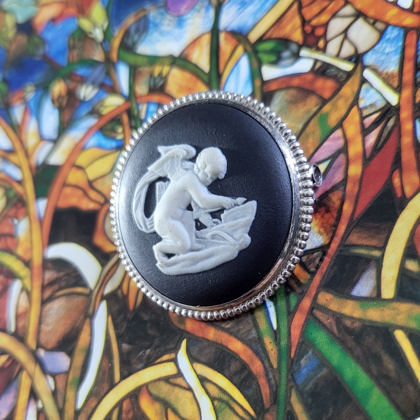 Brooch - Wedgwood Black Jasperware Cherub Cameo Brooch