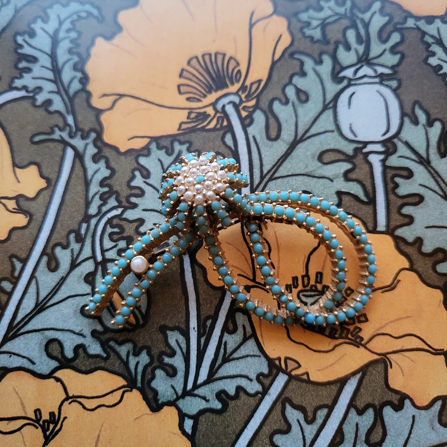 Brooch - Sphinx Faux Pearl and Turquoise Flower Ribbon Brooch