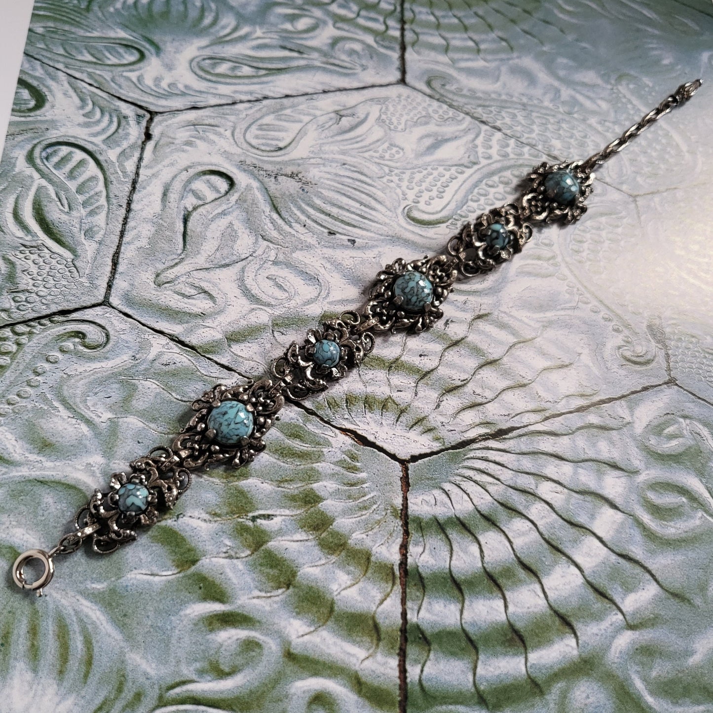 Bracelet - Art Nouveau Style Antiqued Silver Metal Turquoise Bracelet