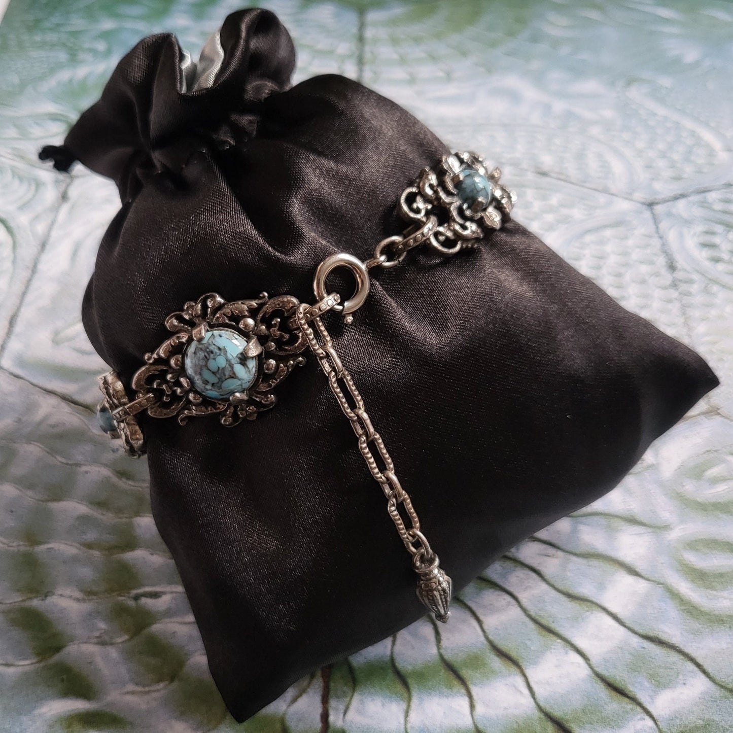 Bracelet - Art Nouveau Style Antiqued Silver Metal Turquoise Bracelet