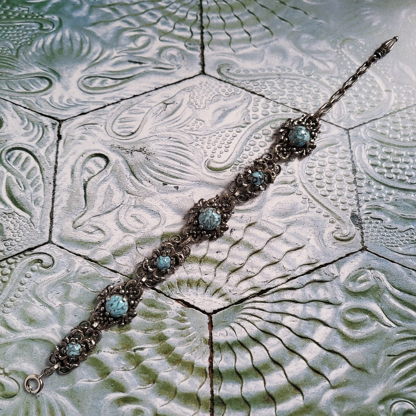 Bracelet - Art Nouveau Style Antiqued Silver Metal Turquoise Bracelet