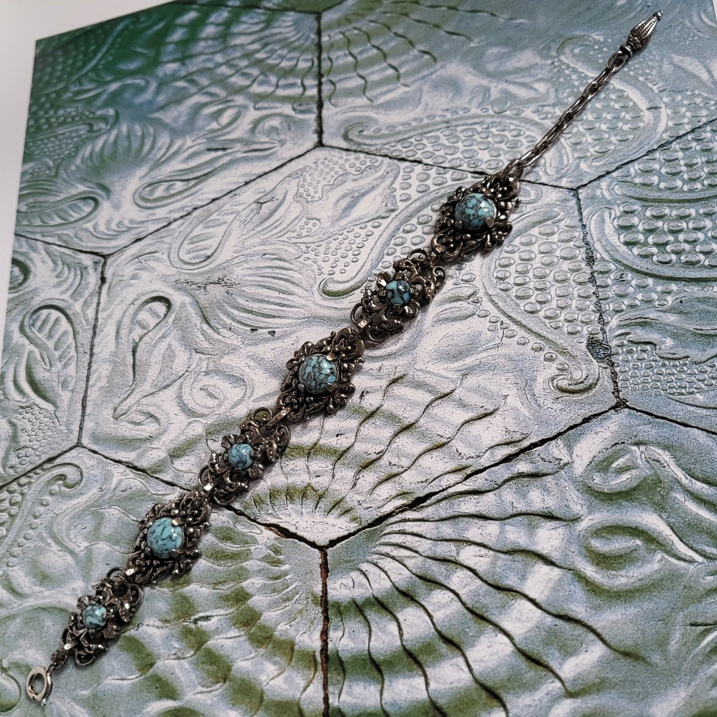Bracelet - Art Nouveau Style Antiqued Silver Metal Turquoise Bracelet