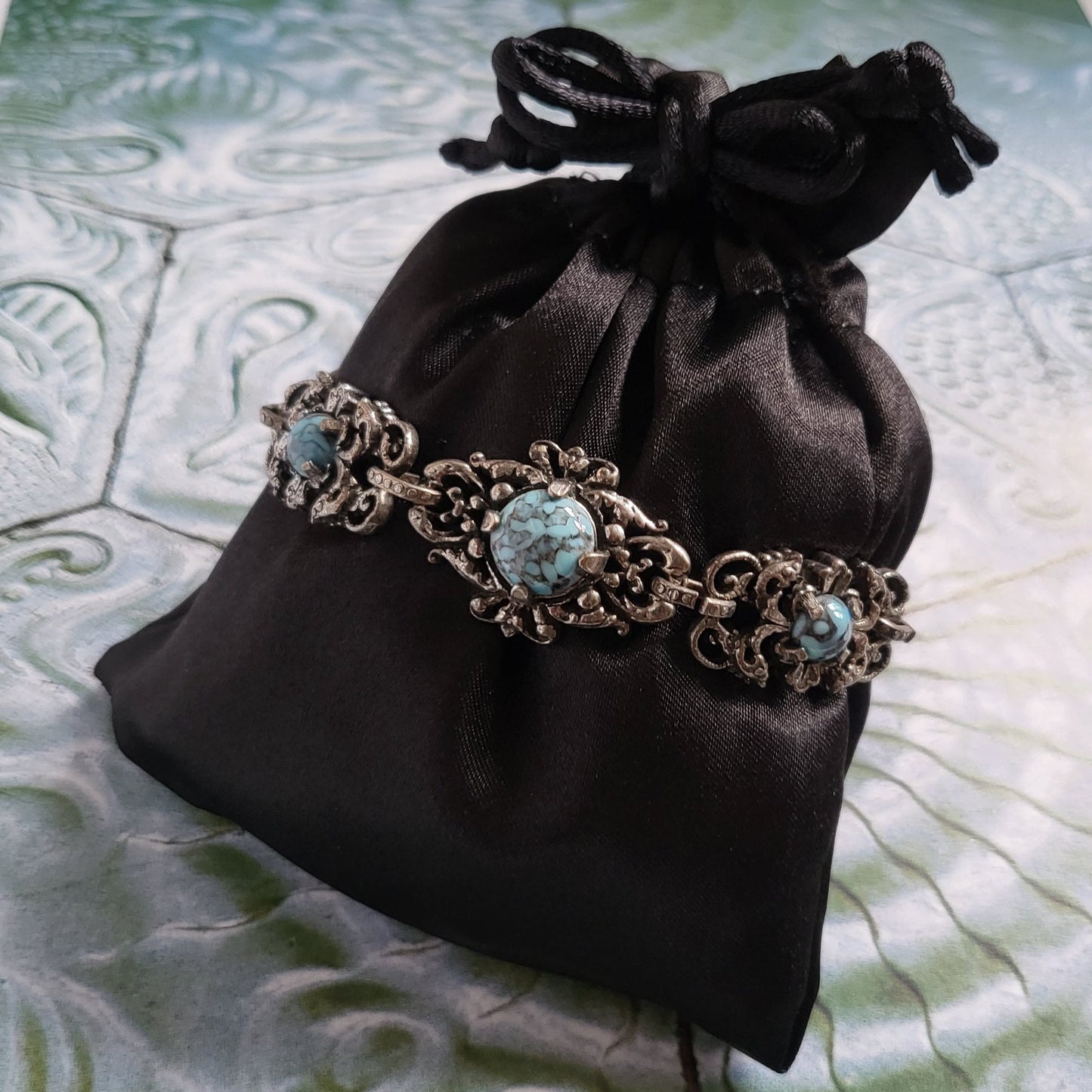 Bracelet - Art Nouveau Style Antiqued Silver Metal Turquoise Bracelet