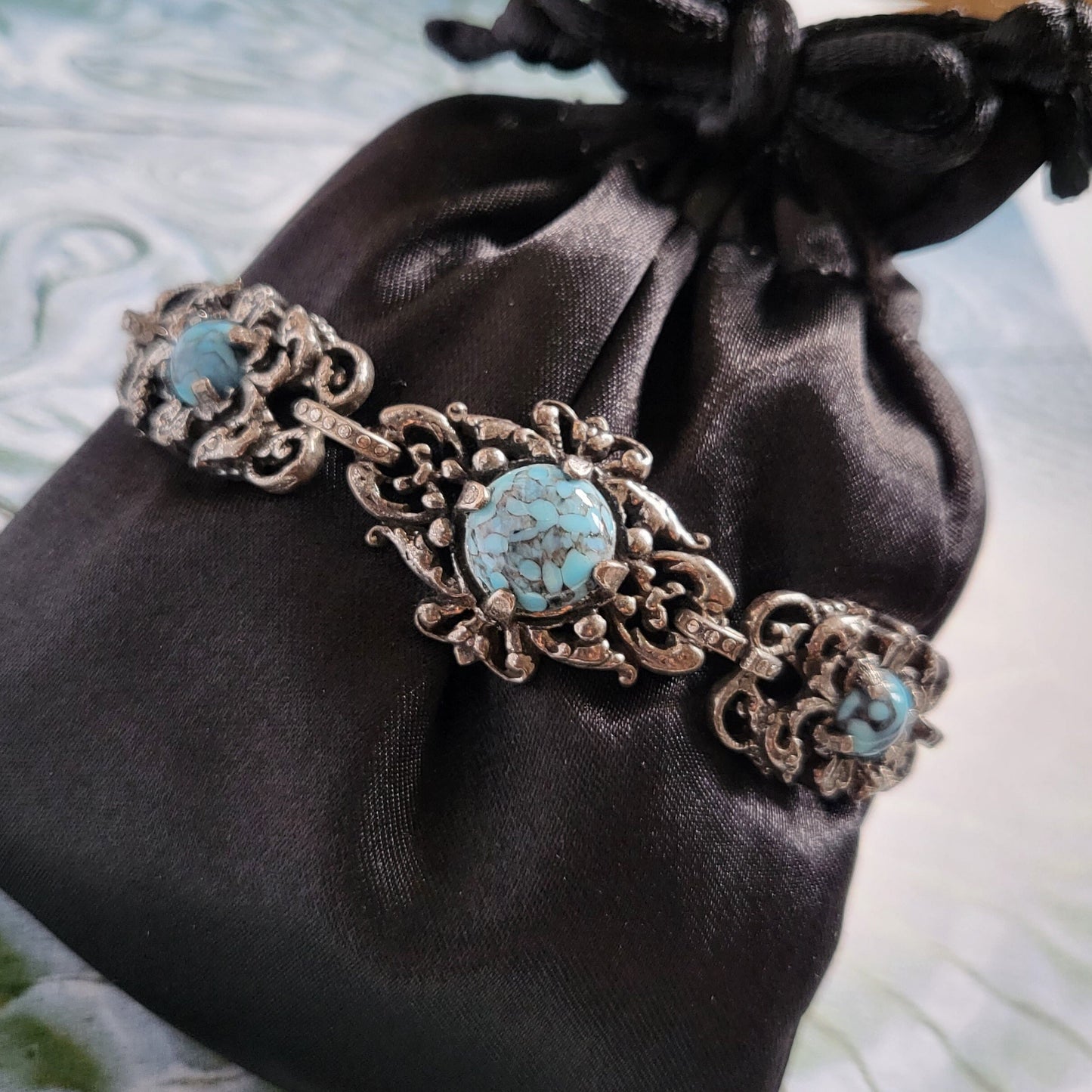 Bracelet - Art Nouveau Style Antiqued Silver Metal Turquoise Bracelet