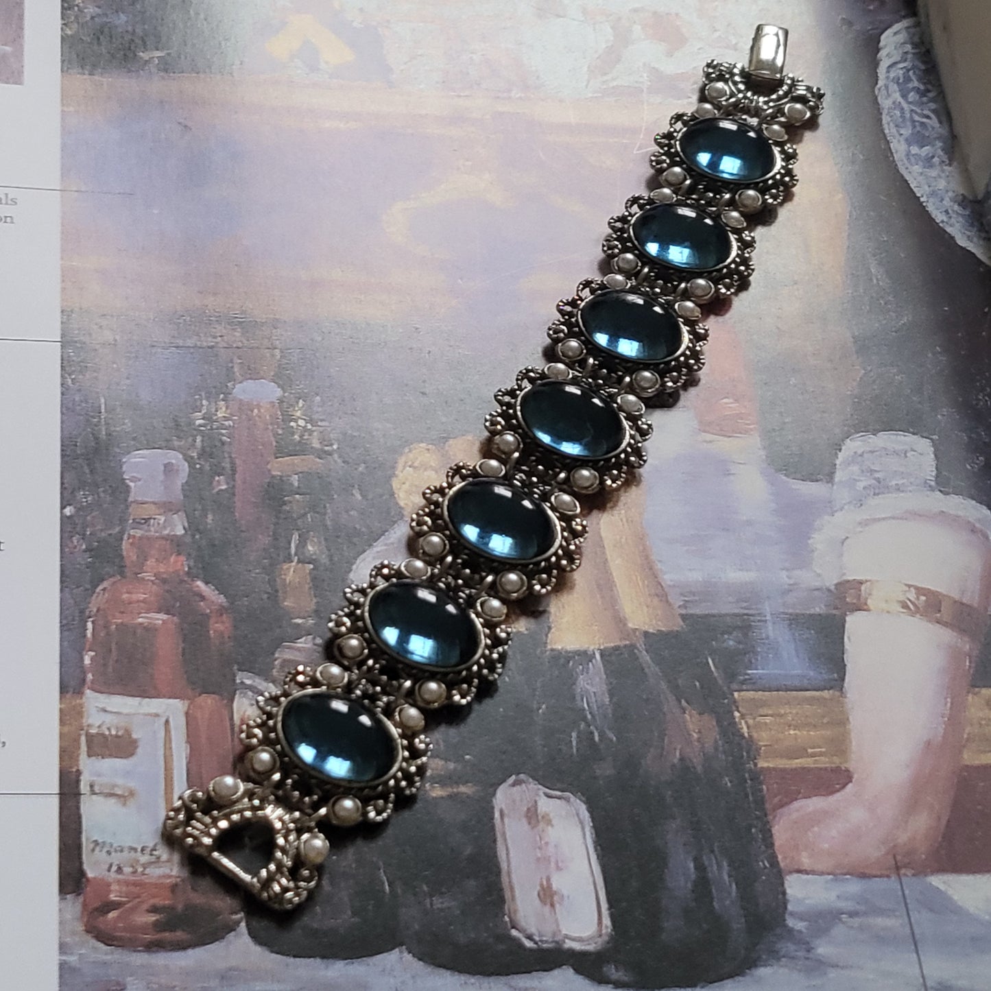 Bracelet - Filigree Style Antiqued Silver Metal Blue Cabochon Bracelet