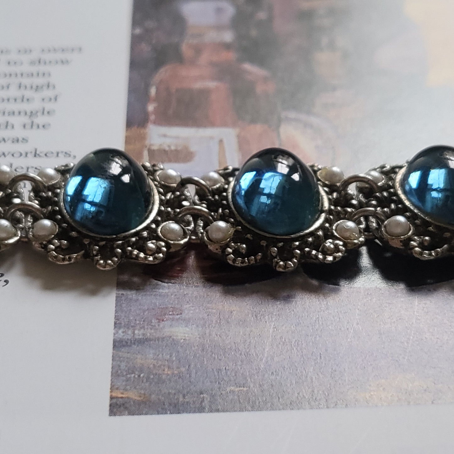 Bracelet - Filigree Style Antiqued Silver Metal Blue Cabochon Bracelet