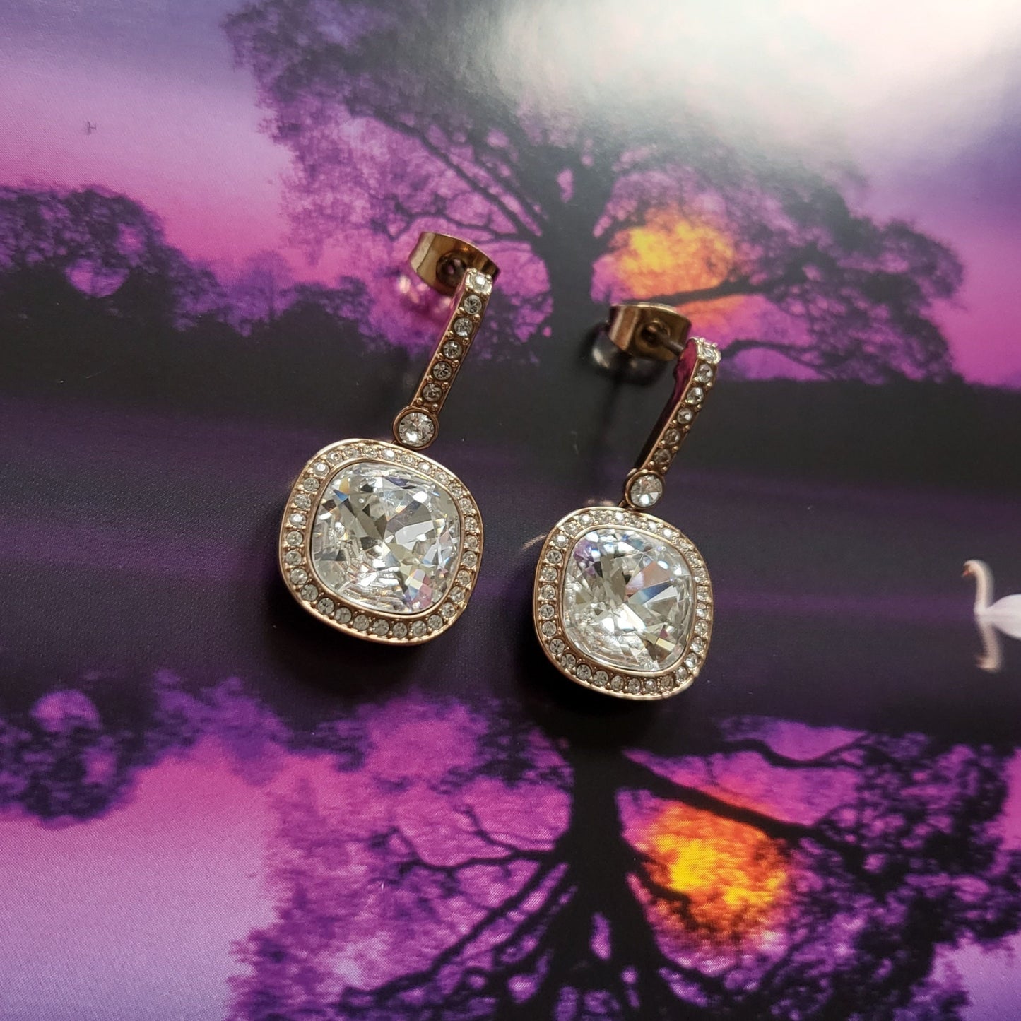 Posts - Swarovski Rose Gold Cushion Cut Crystal Drop Earrings