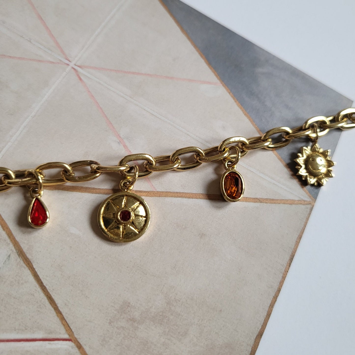 Bracelet - Red Orange and Pink Crystal Gold Charm Bracelet