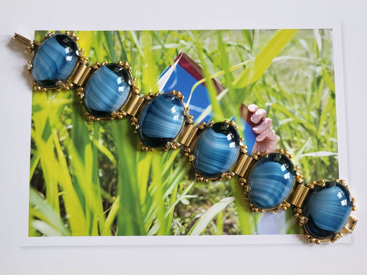Bracelet - Blue and White Stripe Glass Cabochon Bracelet