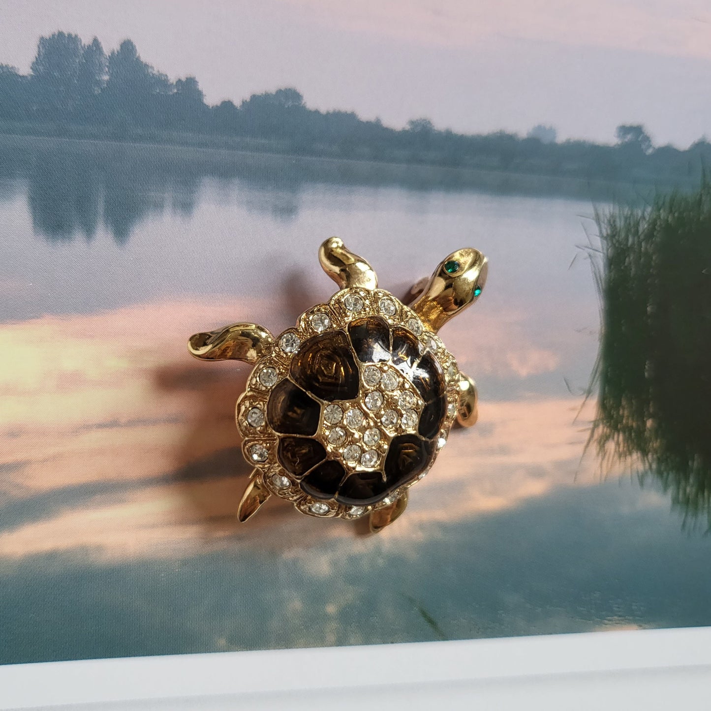Brooch - Attwood and Sawyer Brown Enamel Crystal Tortoise Brooch