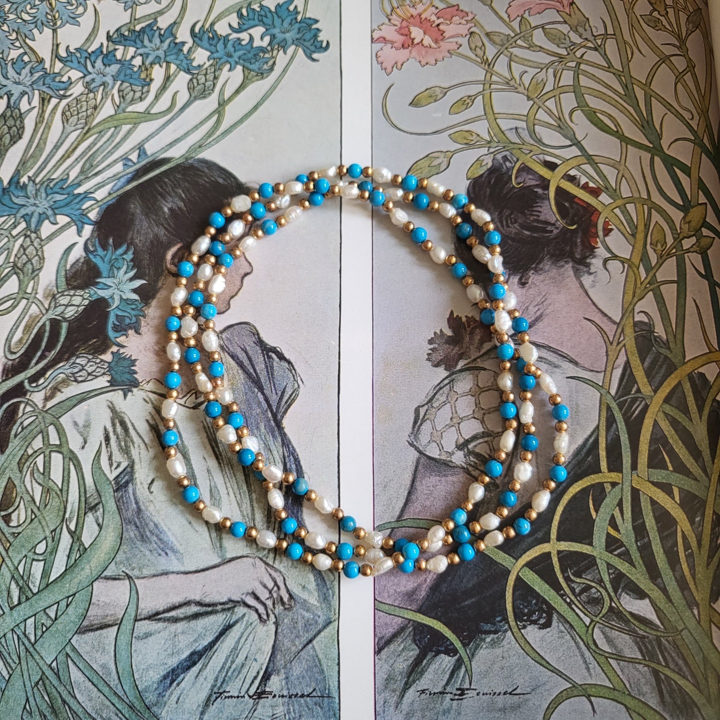 Necklace - Rice Pearls Turquoise and Gold Beads Necklace