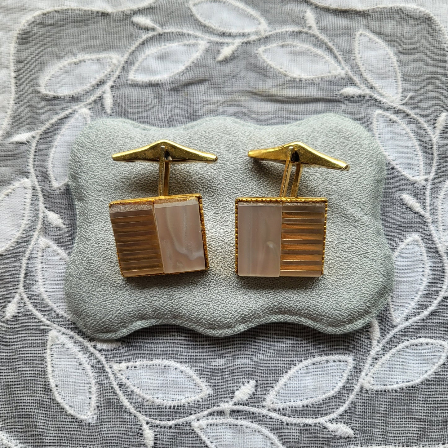 Cufflinks - Square Mother of Pearl and Gold Stripes Cufflinks