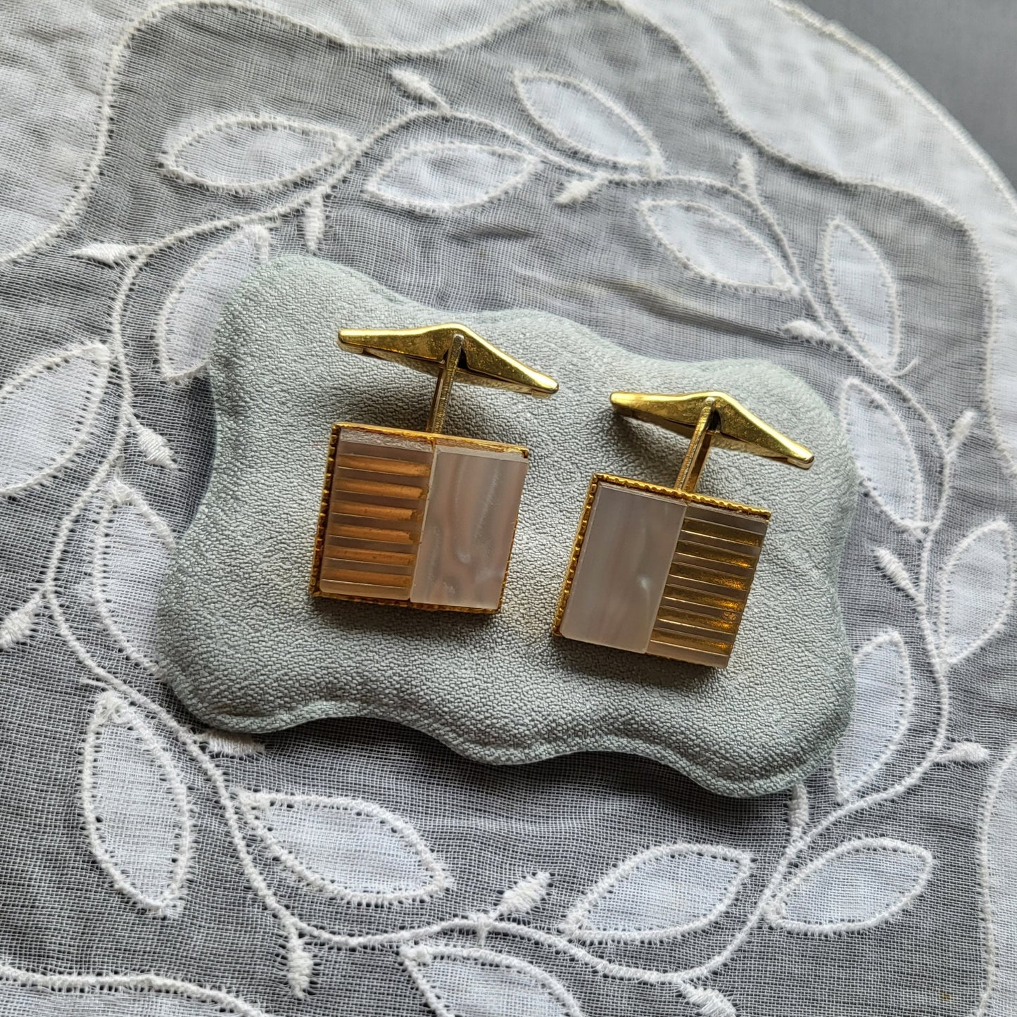 Cufflinks - Square Mother of Pearl and Gold Stripes Cufflinks