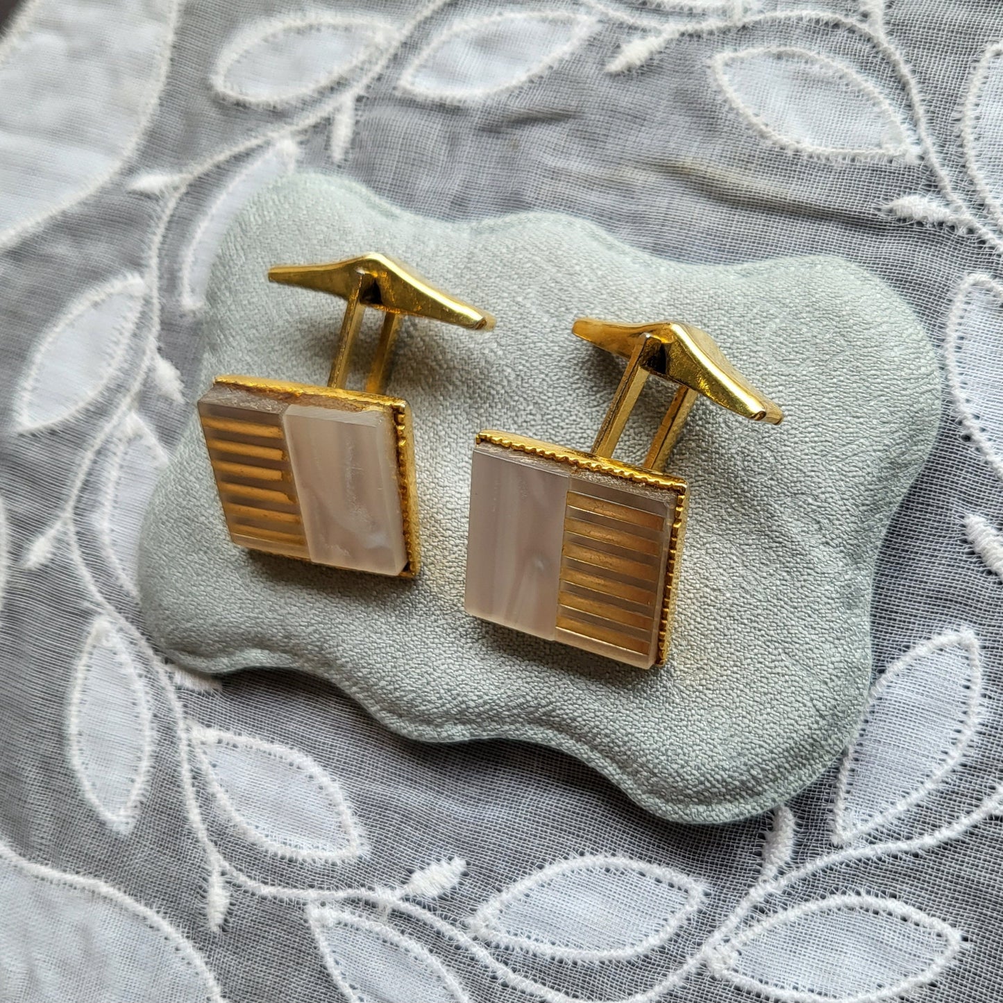 Cufflinks - Square Mother of Pearl and Gold Stripes Cufflinks