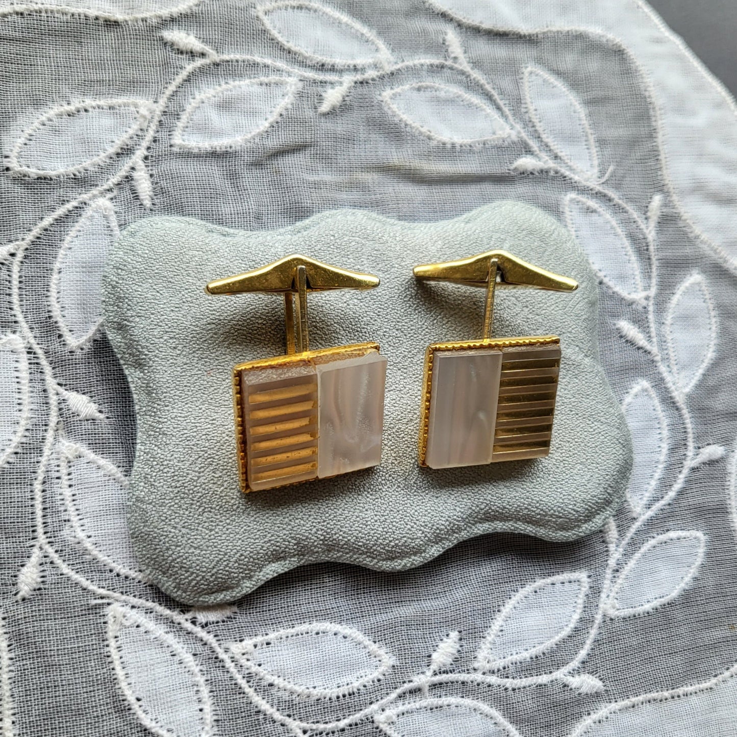 Cufflinks - Square Mother of Pearl and Gold Stripes Cufflinks