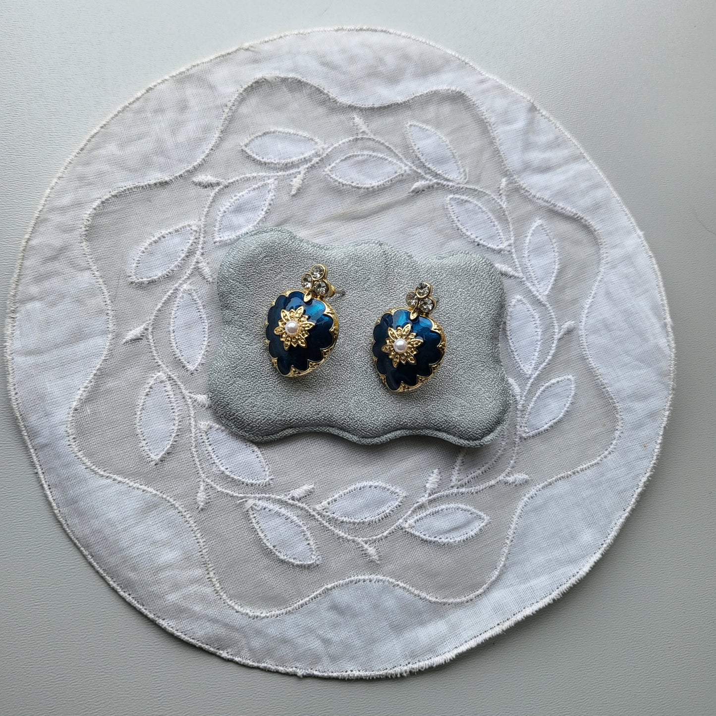 Posts - Blue Enamel Crystal and Pearl Heart Earrings