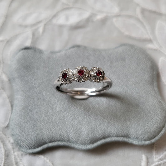 Ring - Red and Clear Crystals Flower Cluster Trilogy Ring