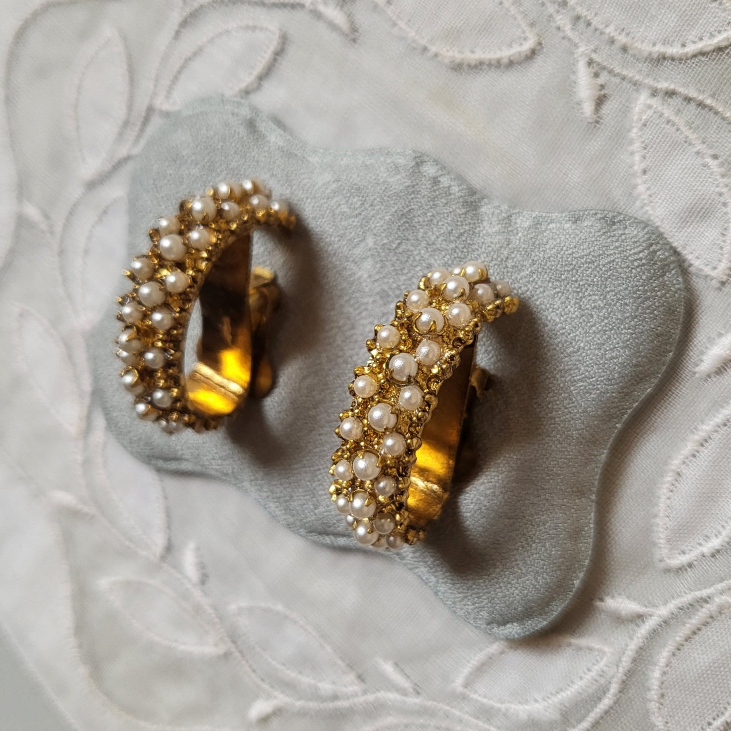 Clip on - Chunky Gold Seed Pearls Half Hoop Clip on Earrings