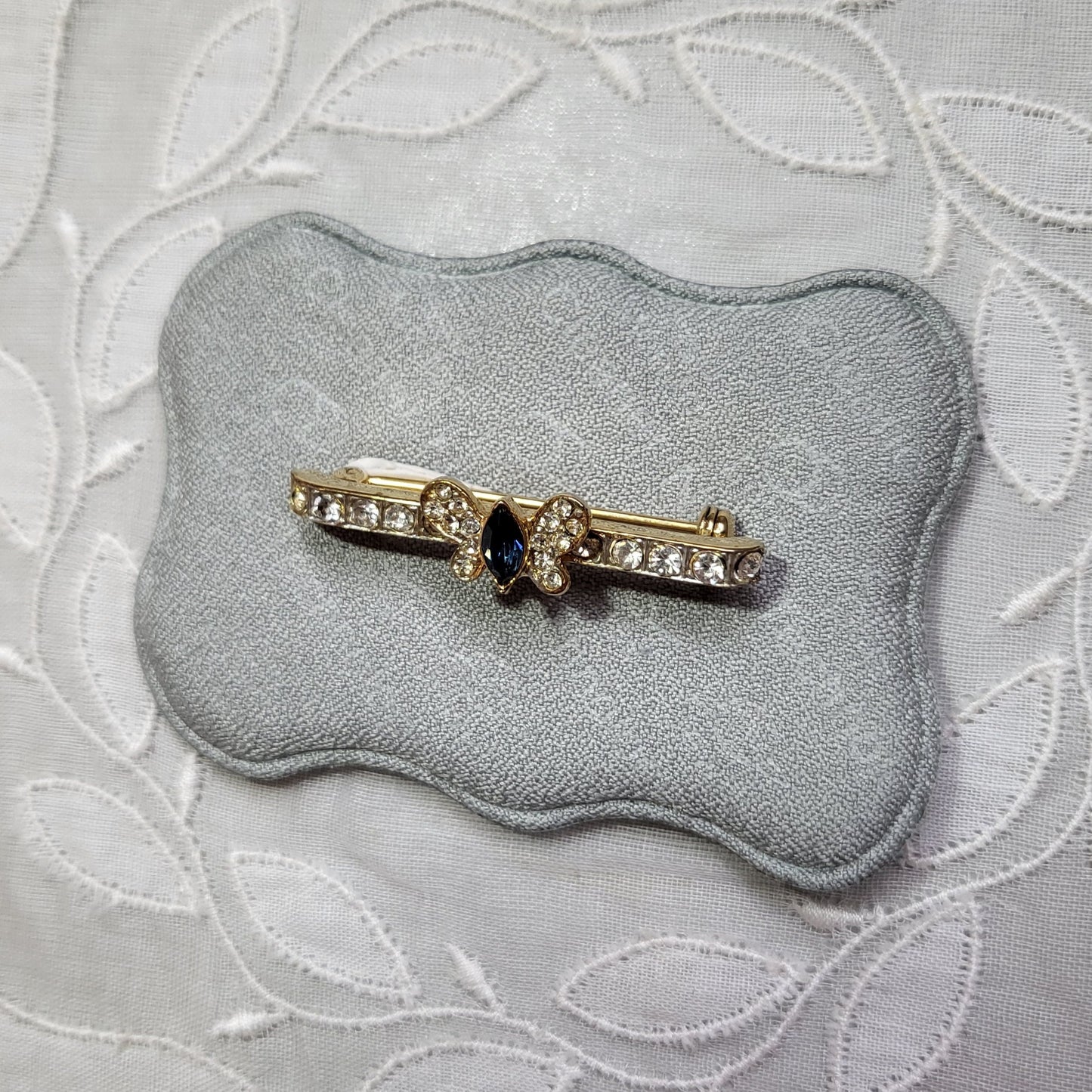 Brooch - Blue and Clear Crystals Butterfly Bar Brooch