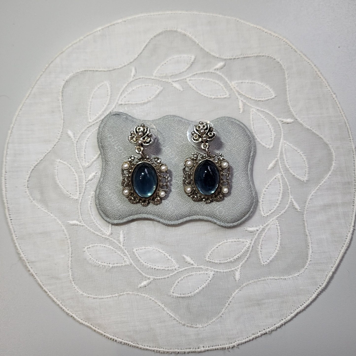 Posts - Filigree Style Blue Cabochon and Pearls Drop Earrings