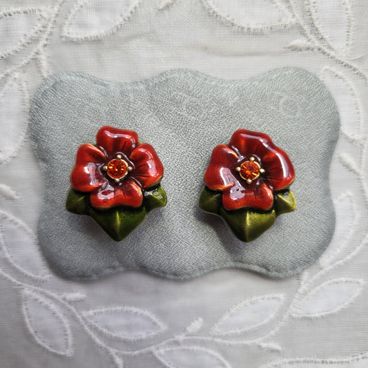 Clip on - Chico's Red and Green Enamel Flower Clip On Earrings