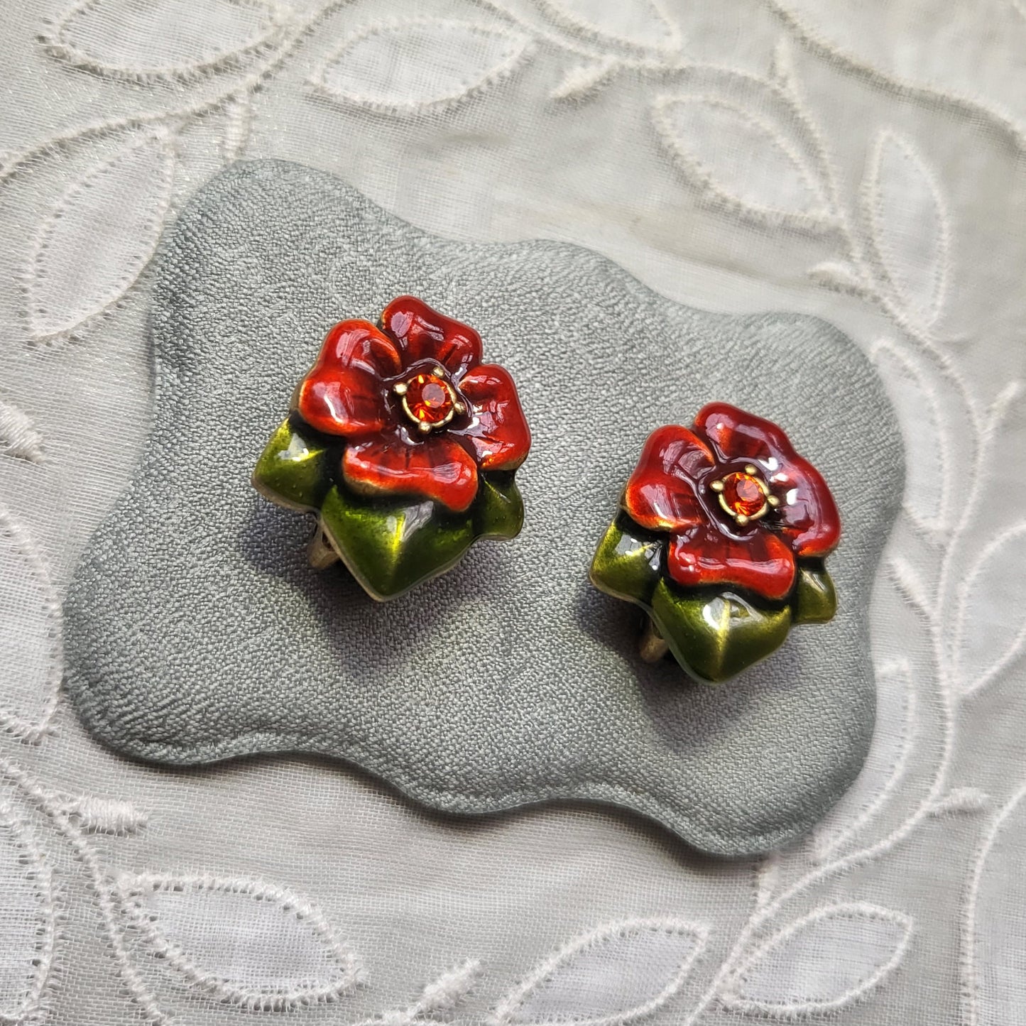 Clip on - Chico's Red and Green Enamel Flower Clip On Earrings