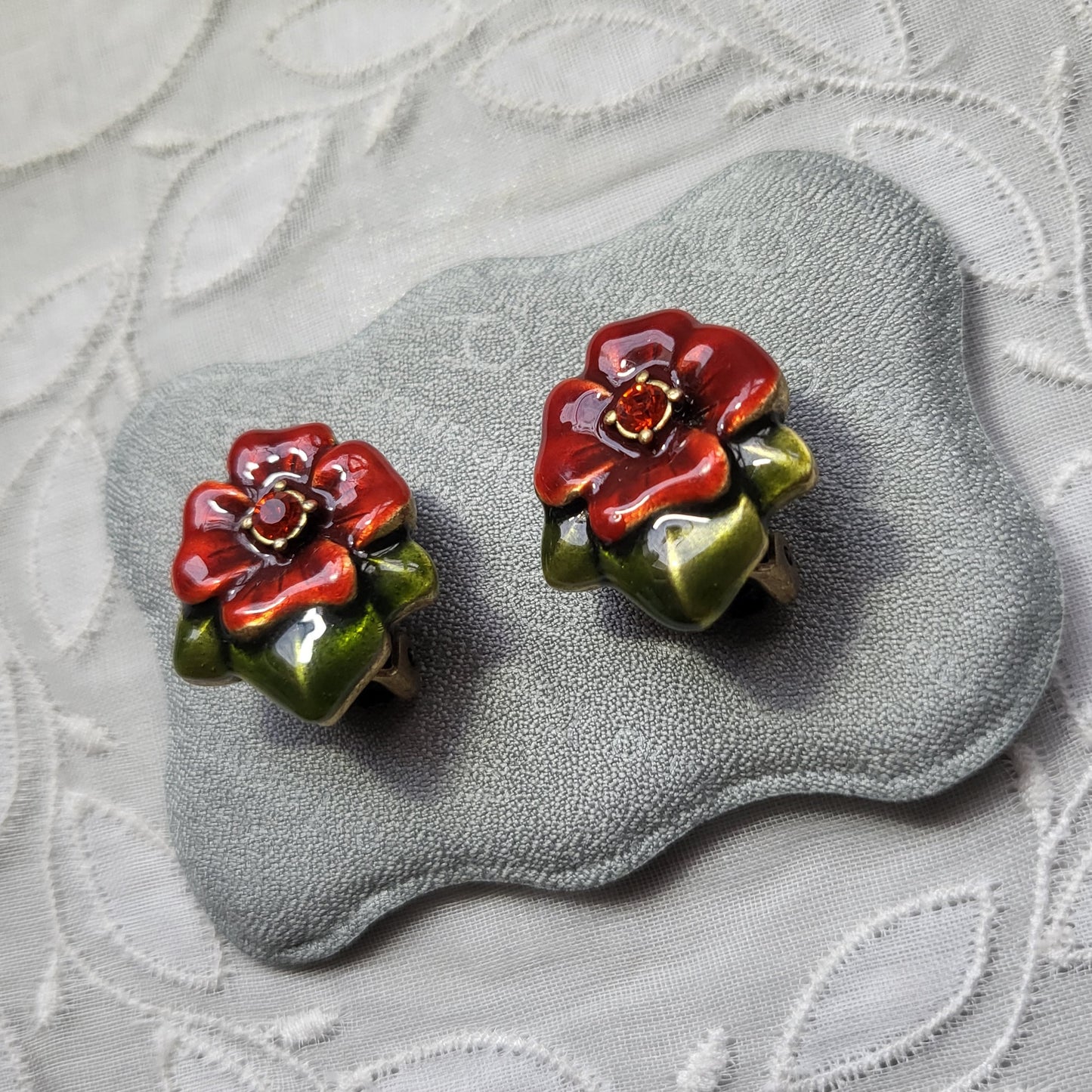 Clip on - Chico's Red and Green Enamel Flower Clip On Earrings
