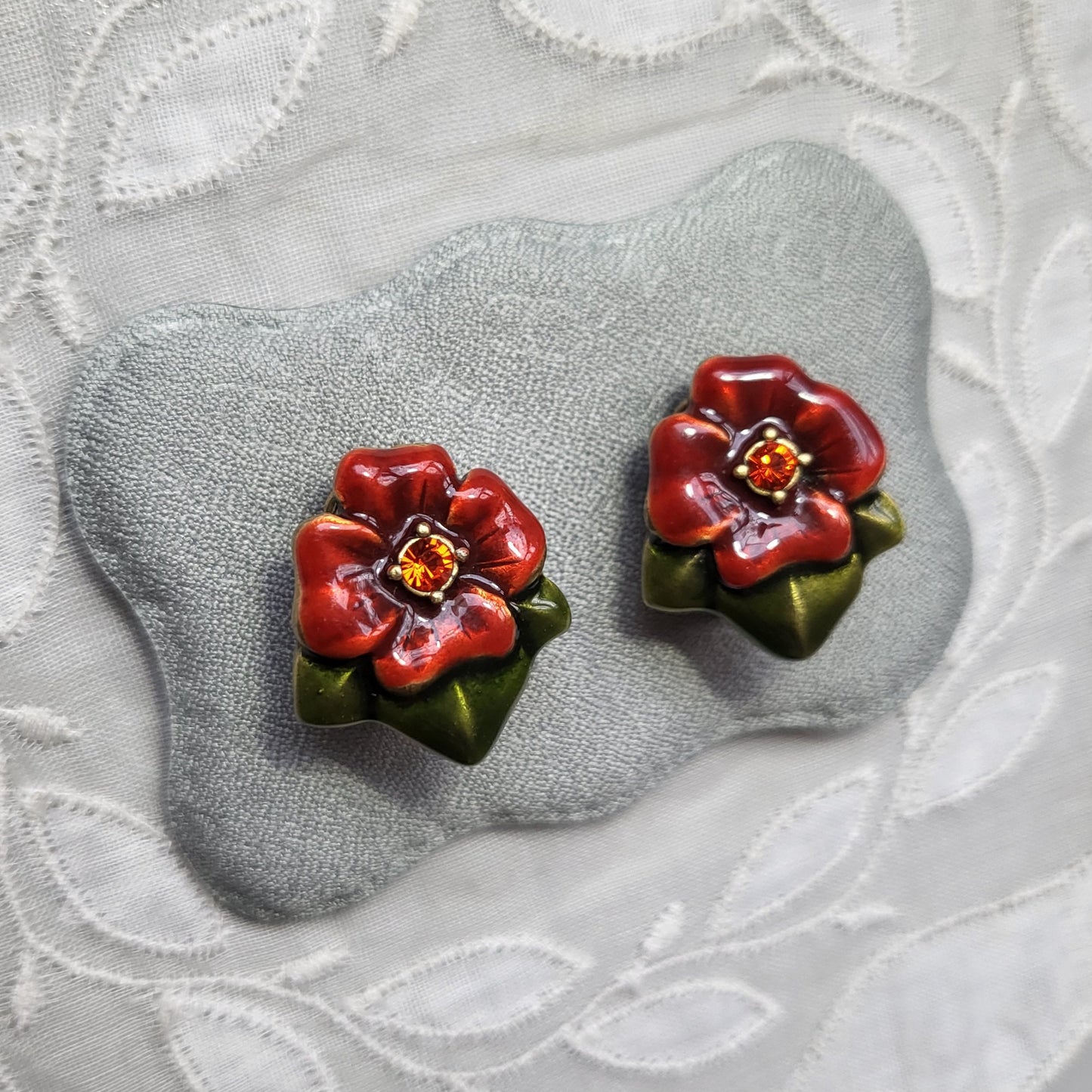 Clip on - Chico's Red and Green Enamel Flower Clip On Earrings