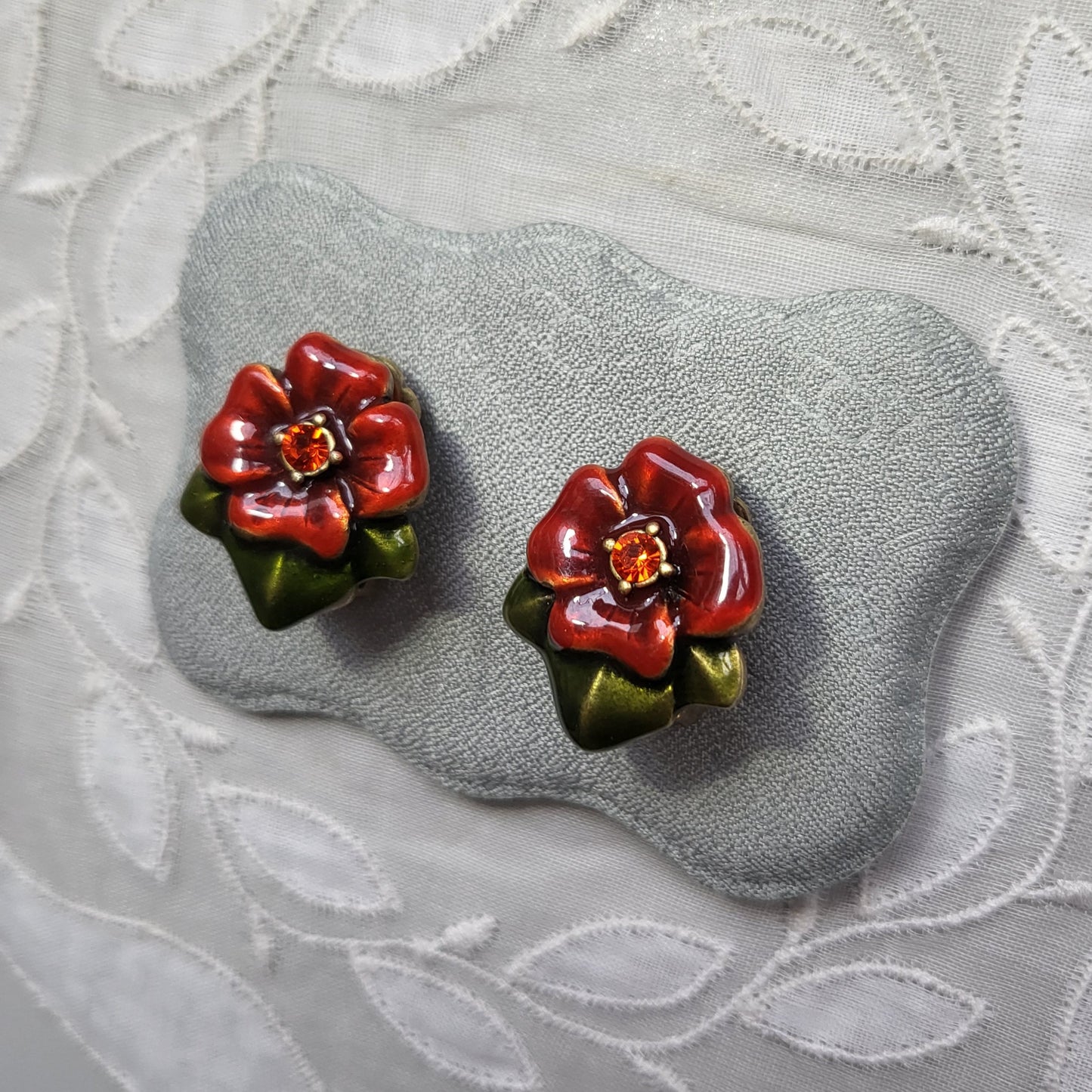 Clip on - Chico's Red and Green Enamel Flower Clip On Earrings
