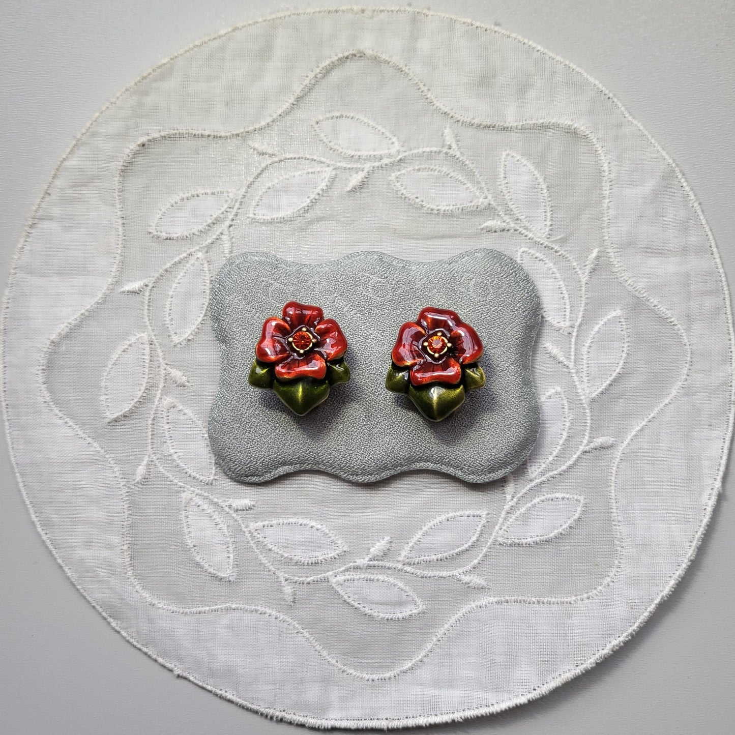 Clip on - Chico's Red and Green Enamel Flower Clip On Earrings