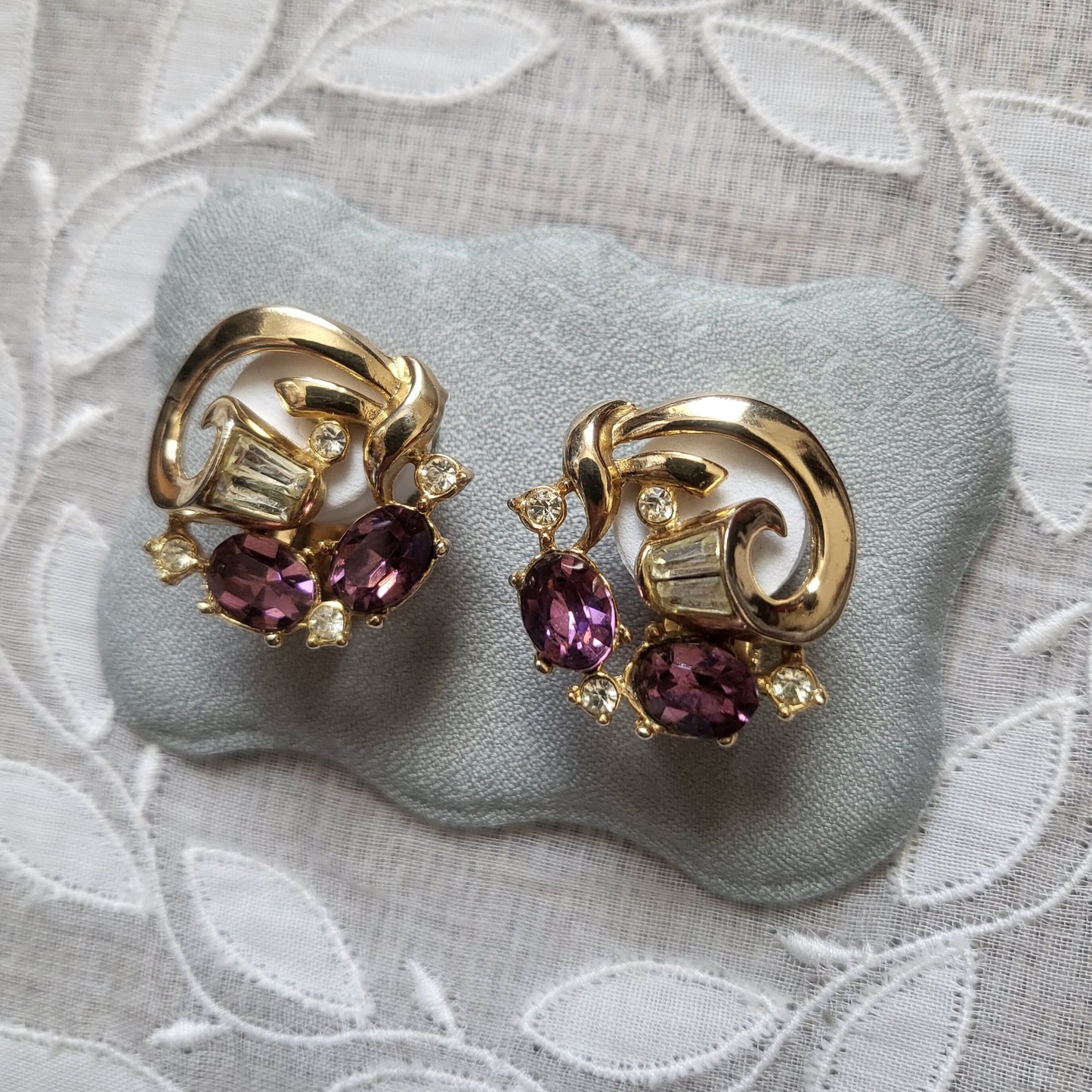 Clip on - Purple and Clear Crystals Ribbon Clip On Earrings