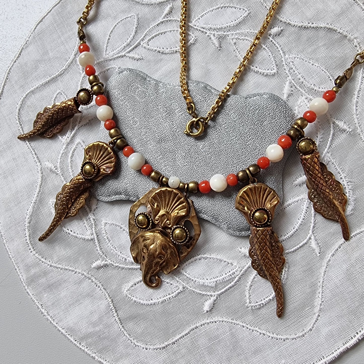 Necklace - Elephant and Shells Coral and Pearl Glass Beads Necklace