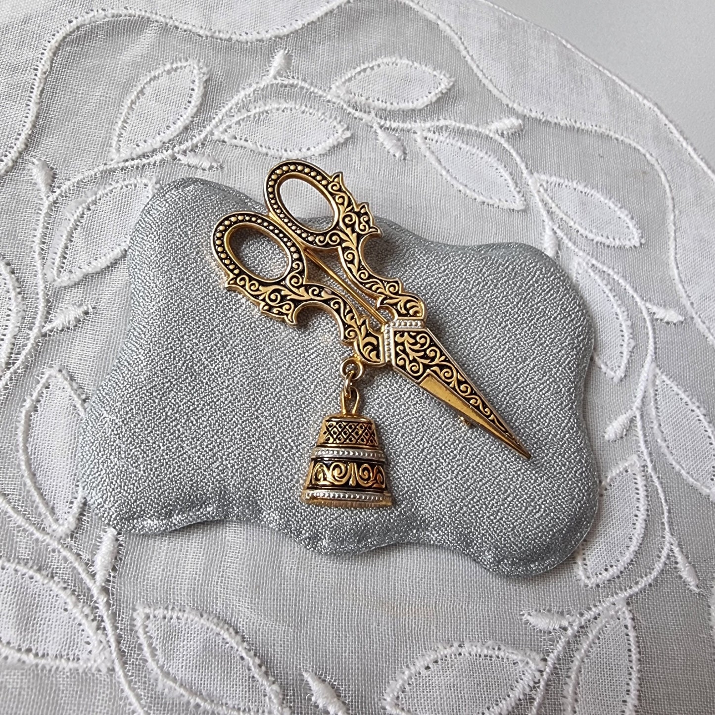 Brooch - Damascene Scissors and Thimble Brooch