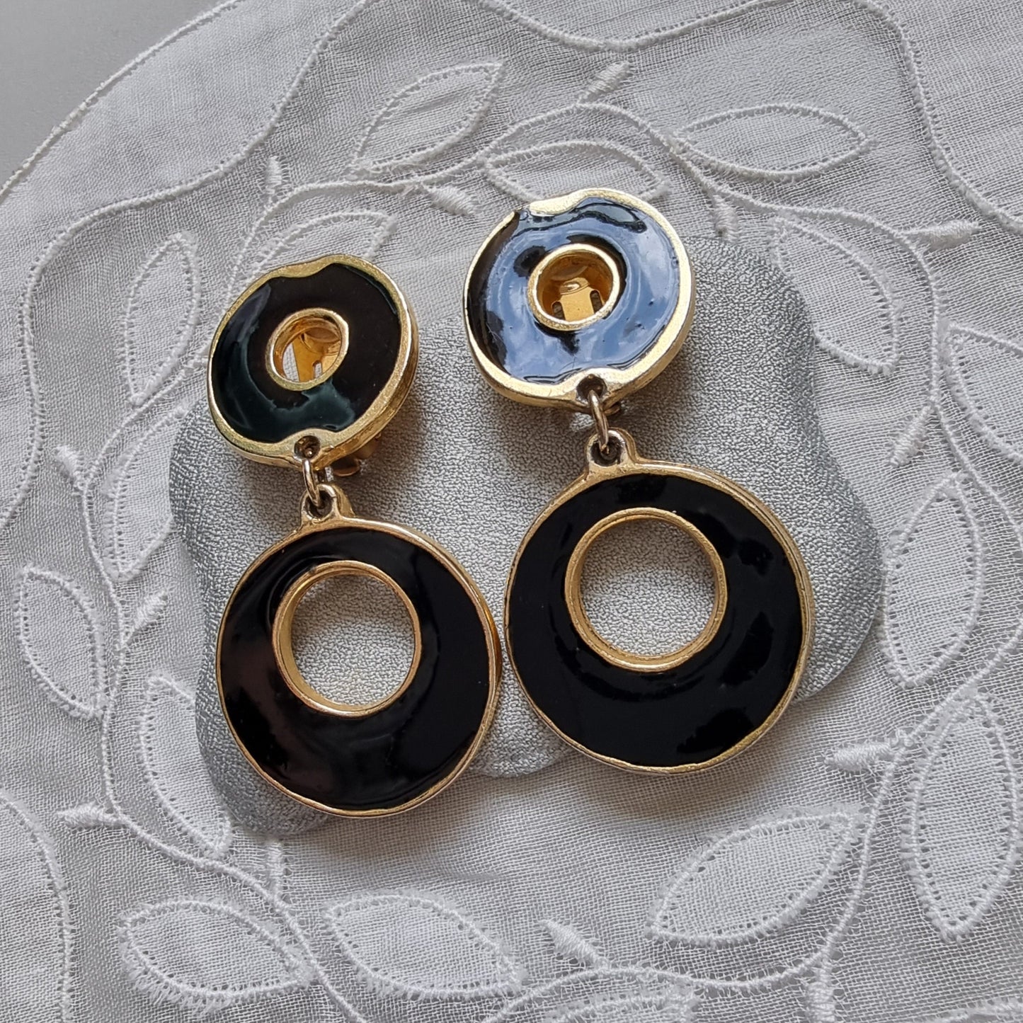 Clip on - Black Enamel Round Drop Clip on Earrings