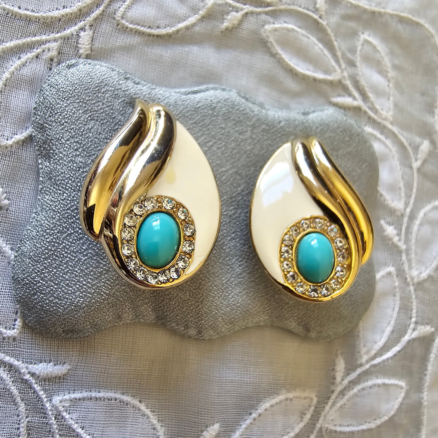 Clip on - Turquoise Crystals and White Enamel Clip on Earrings