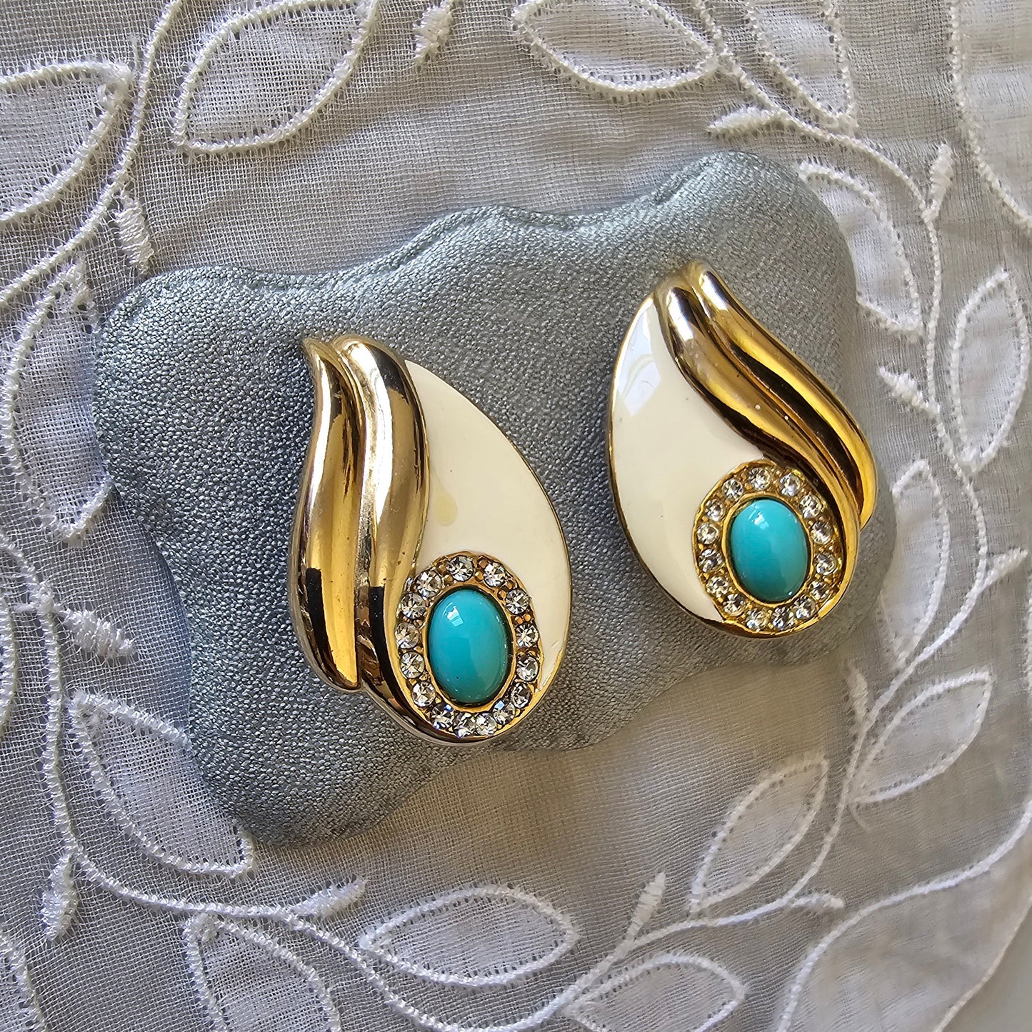 Clip on - Turquoise Crystals and White Enamel Clip on Earrings