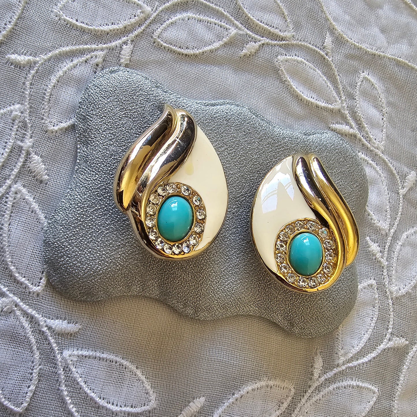 Clip on - Turquoise Crystals and White Enamel Clip on Earrings