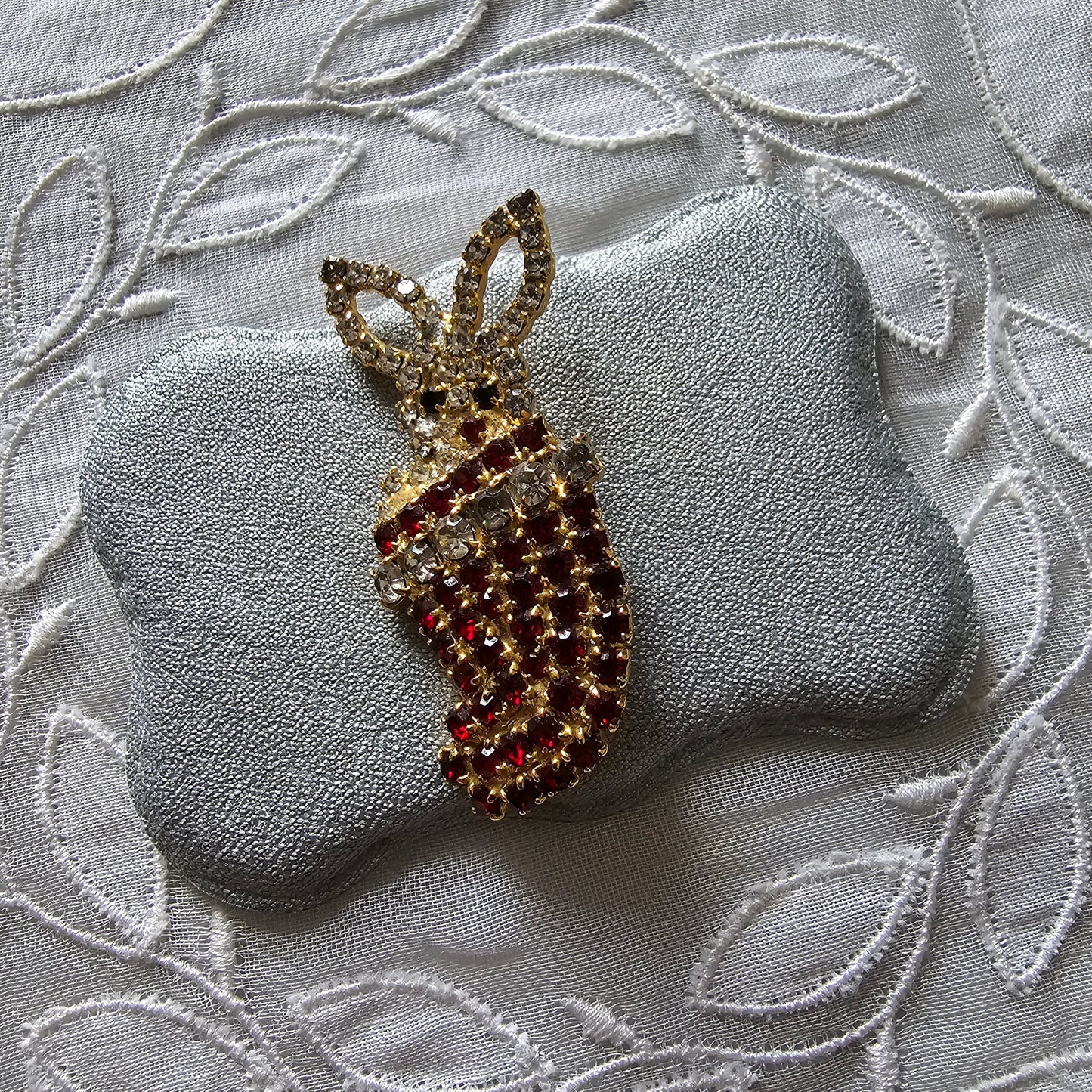 Brooch - Red and Clear Crystals Bunny in a Sock Brooch