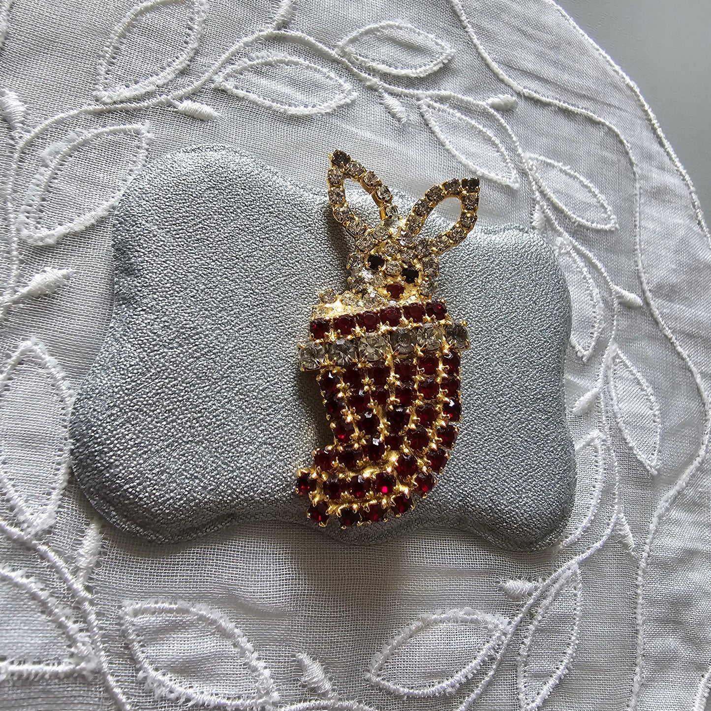 Brooch - Red and Clear Crystals Bunny in a Sock Brooch