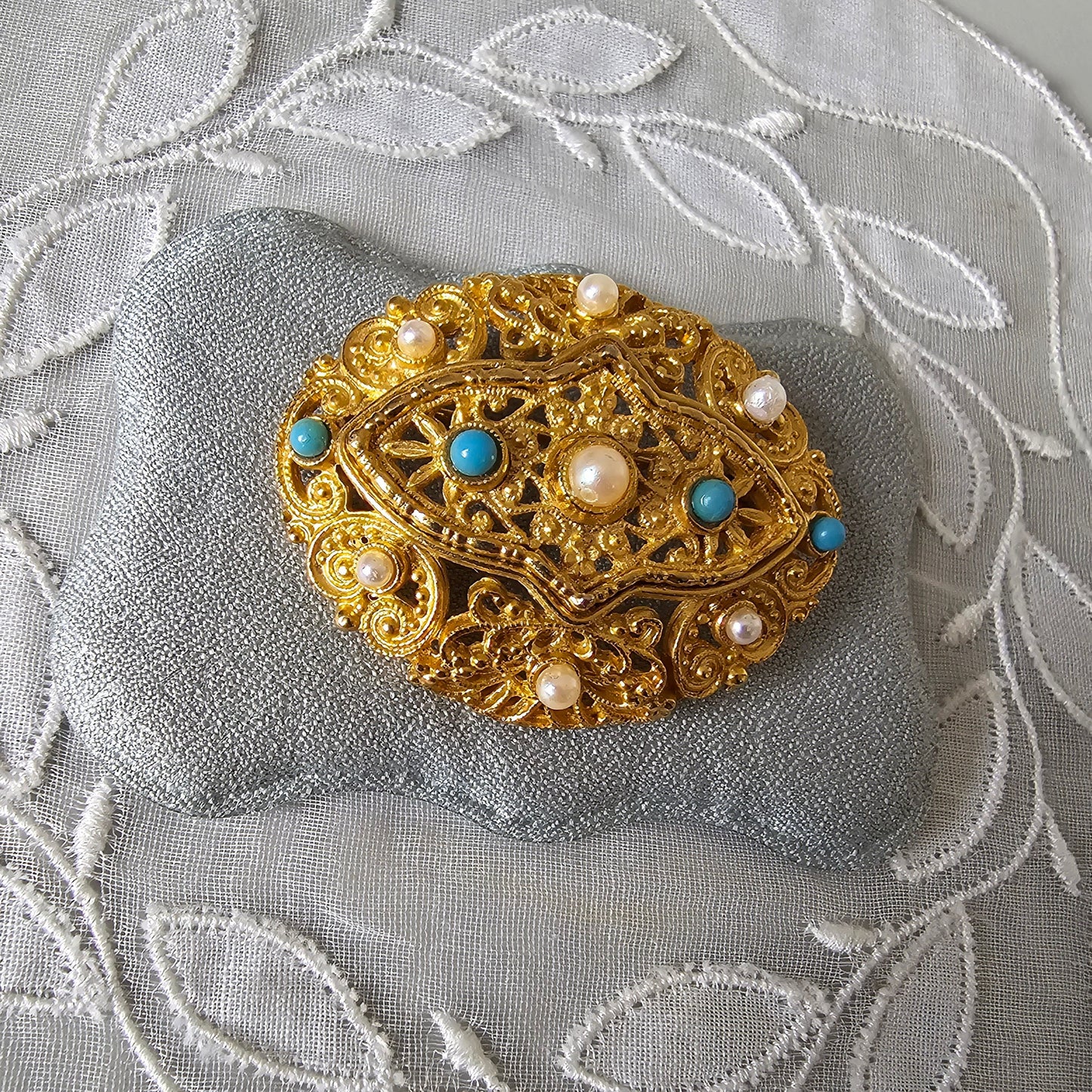 Brooch - Ornate Turquoise and Pearl Brooch